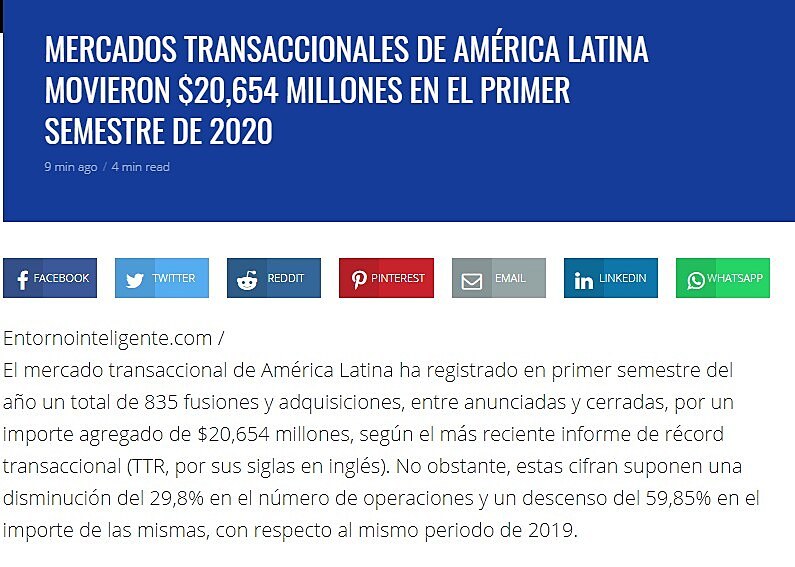 Mercados transaccionales de Amrica Latina movieron $20,654 millones en el primer semestre de 2020